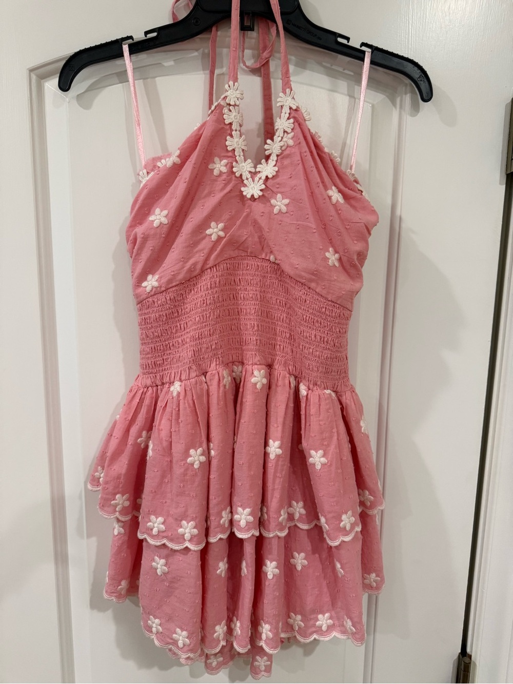 LoveShackFancy Pink Daisy Embroidered Halter Tiered Mini Dress